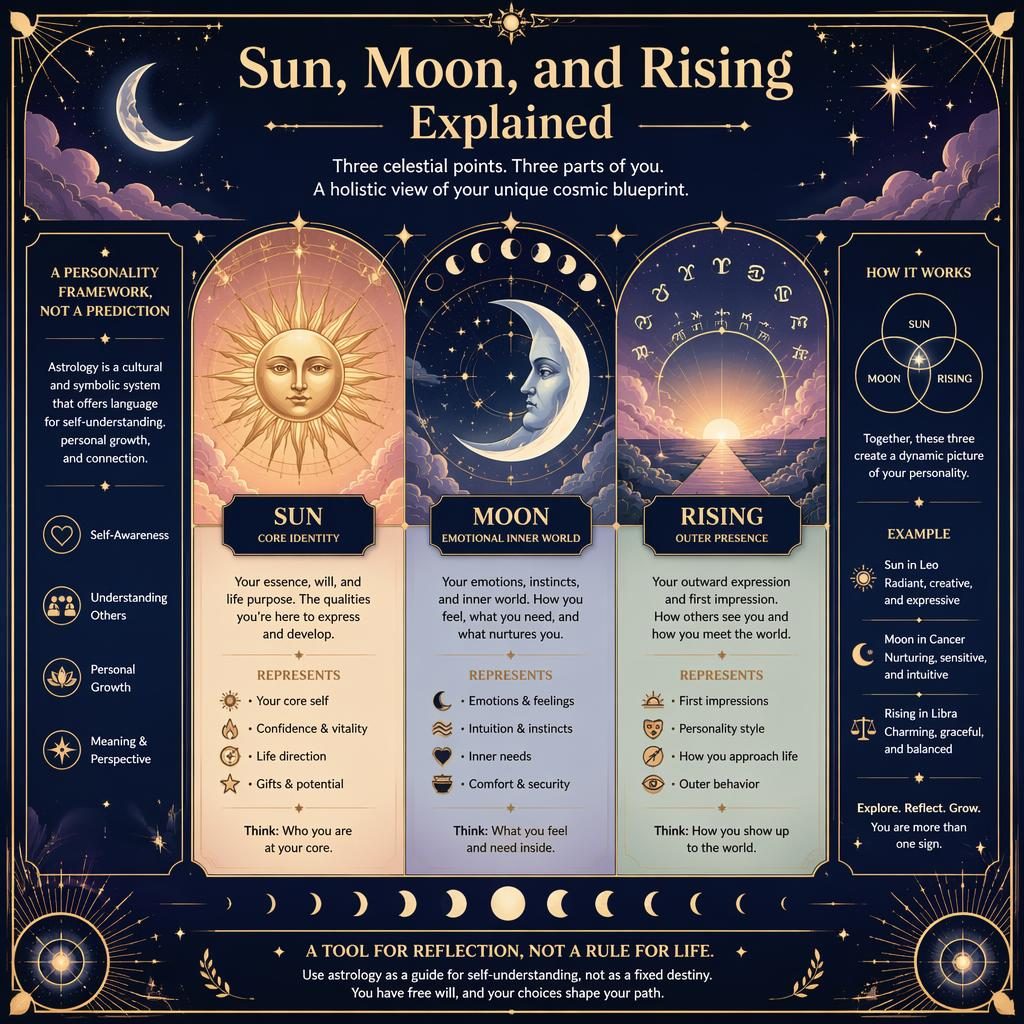 Elegantní art deco astrologická infografika se symboly Slunce, Luny a Ascendentu v triptychu, ve zlaté a pastelově modré.