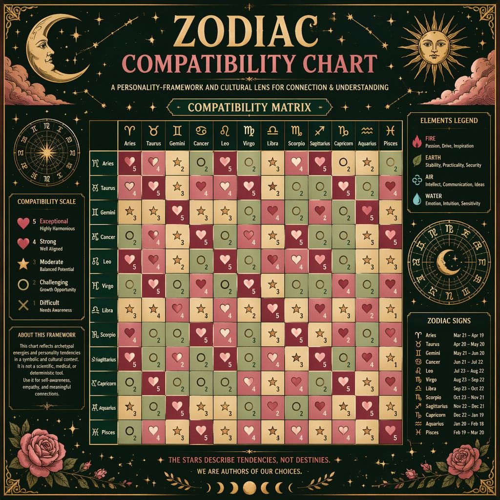 Infografía zodiacal con matriz 12x12 de compatibilidad, signos en inglés, estrellas, lunas y estilo astrológico vintage.