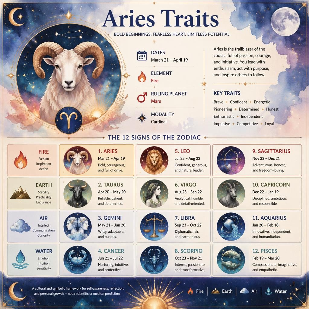 Watercolor zodiac infographic showing Aries Traits in a 12-sign grid by element, with stars, moons, sun motifs, and gold accents.