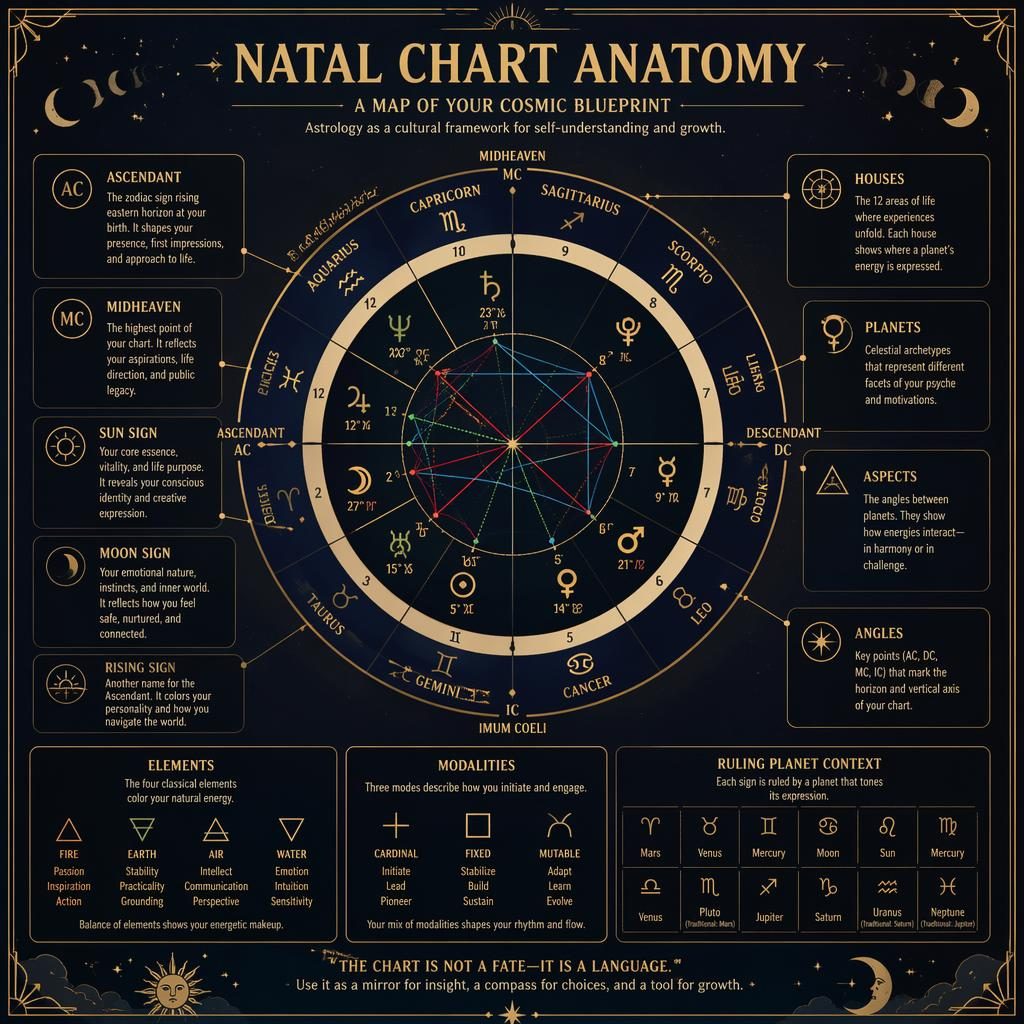 Luxury natal chart anatomy infographic with a central zodiac wheel, gold celestial symbols, house callouts, and English labels.