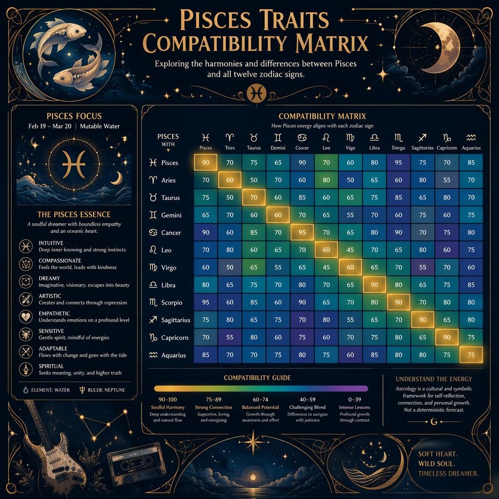 Art nouveau Pisces compatibility matrix infographic in midnight blue and gold with zodiac heatmap, glyphs, stars, and ornate borders.