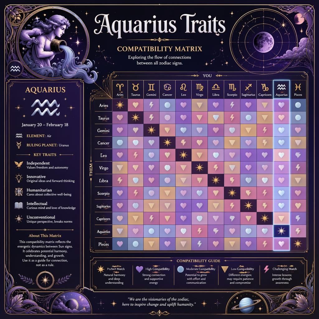 Art nouveau Aquarius compatibility matrix infographic with 12 zodiac signs, purple-silver heatmap, legend, glyphs, and profile callout.