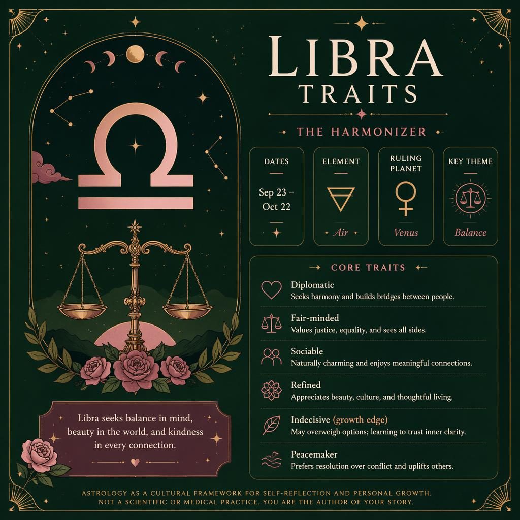 Mystical Libra traits infographic with large Libra glyph, dates, Venus, element, stars, moon phases, and scale motifs.