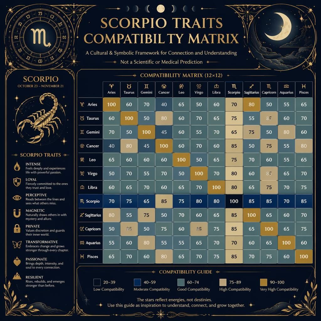 Scorpio zodiac compatibility matrix infographic with 12 signs, deep blue and gold celestial motifs, traits and heatmap layout.