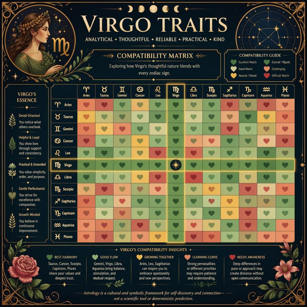 Art nouveau Virgo traits infographic with a 12×12 zodiac compatibility heatmap, celestial charts, moon phases, and floral borders.