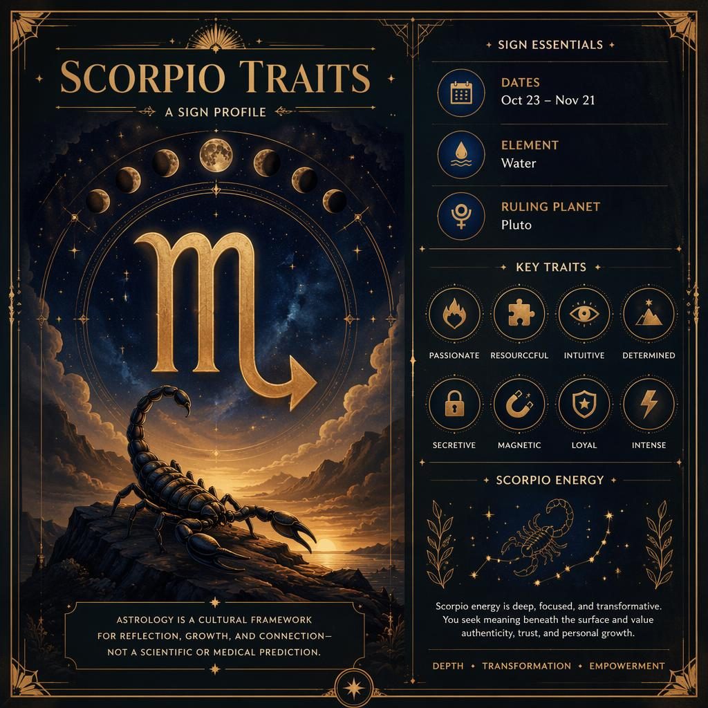 Luxurious Scorpio traits infographic with glyph, constellation, moon phases, gold art deco borders, and warm earth tones.