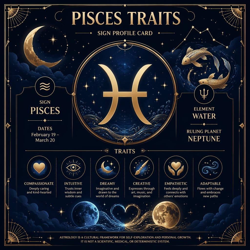 Art deco Pisces traits infographic in midnight blue and gold with Pisces glyph, celestial frame, dates, Water, Neptune.
