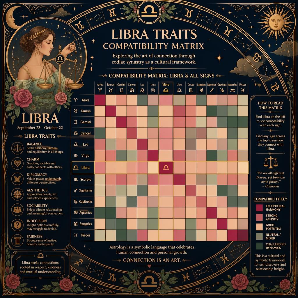 Art nouveau Libra compatibility matrix heatmap with 12 zodiac signs, ornate zodiac wheel border, celestial details, blue gold accents