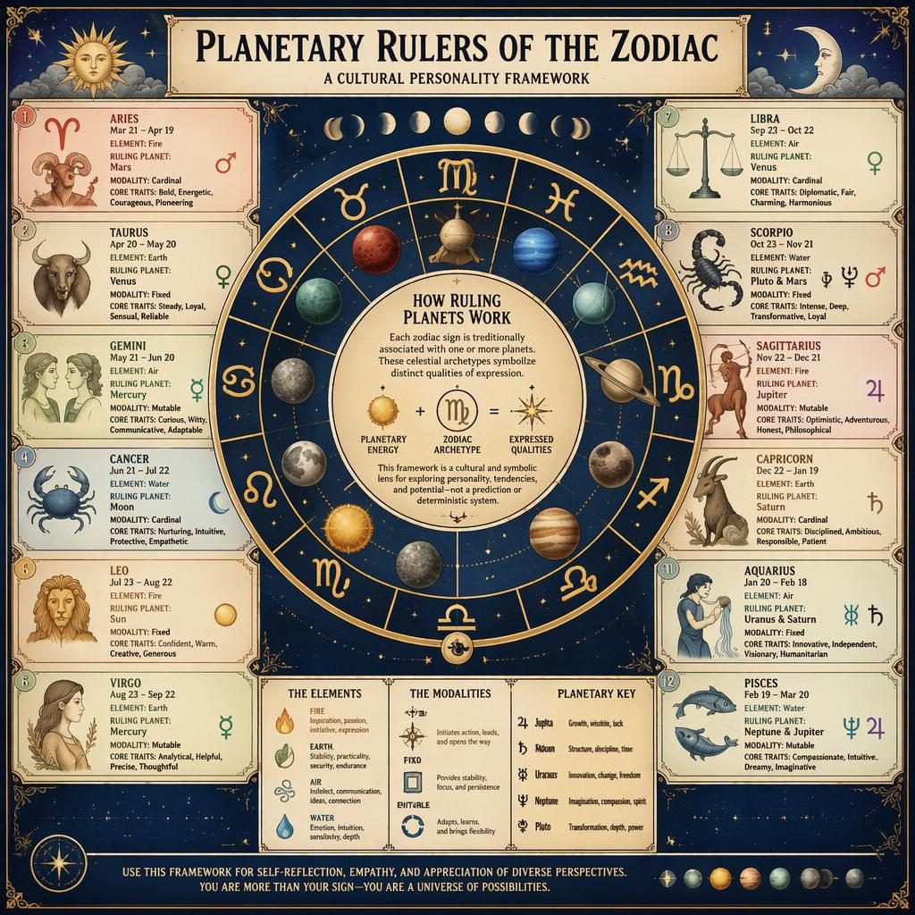 Vintage zodiac wheel infographic with 12 signs and ruling planets, pastel celestial motifs, English labels, blue and gold.