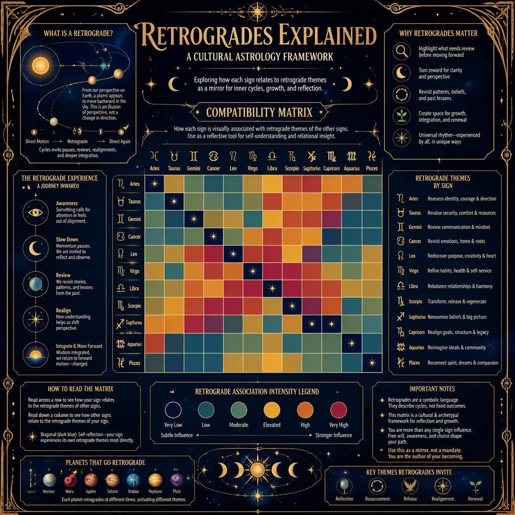 Art nouveau zodiac infographic with a 12x12 retrograde heatmap matrix, midnight blue and gold celestial motifs, icons, arrows, and legend panels.