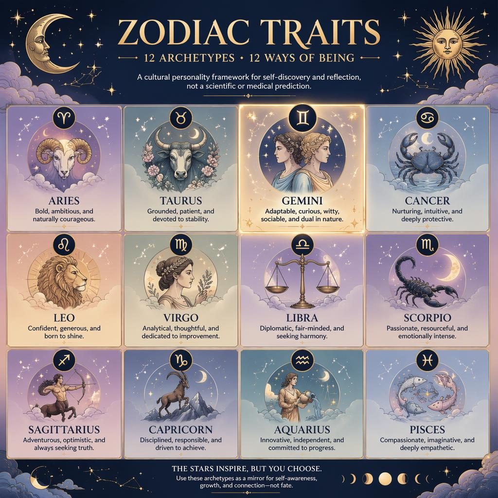 Celestial editorial infographic grid of all 12 zodiac signs, with Gemini subtly highlighted in pastel blue and gold.
