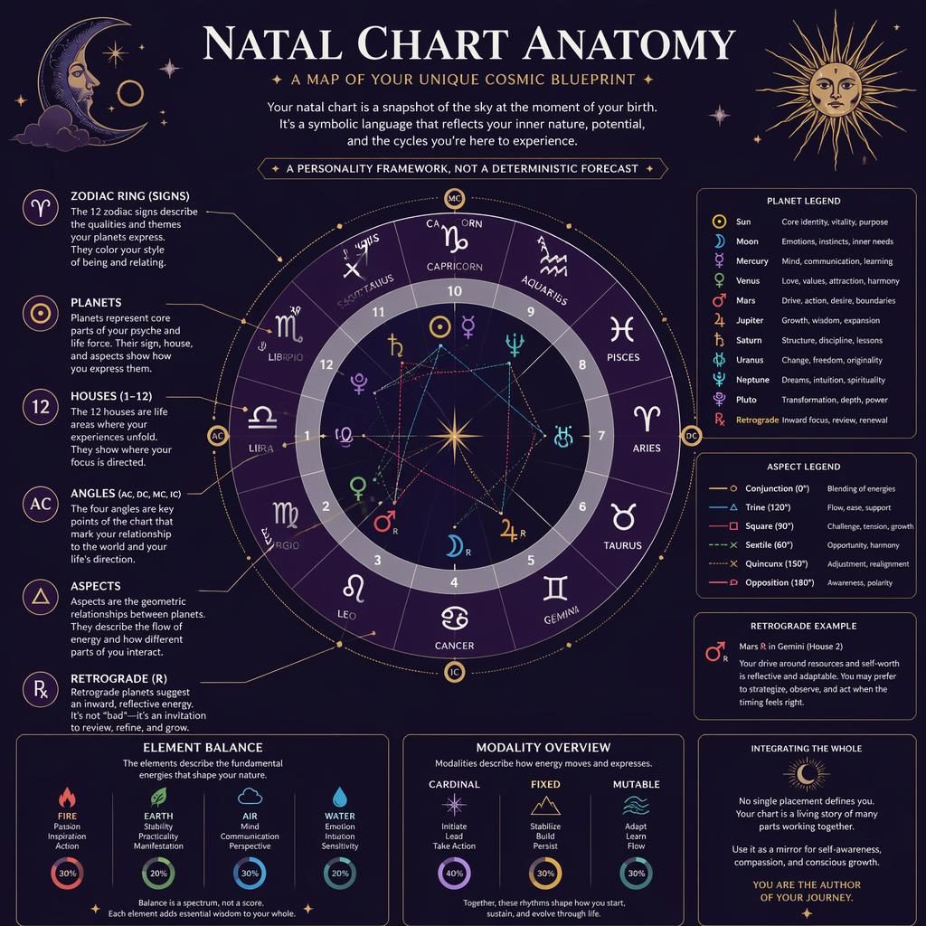 Infografía astrológica minimalista con rueda natal central, 12 casas, símbolos planetarios, aspectos y leyenda en morado.