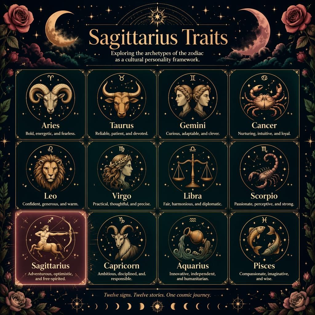 Editorial zodiac infographic with 12-sign grid, Sagittarius highlighted, deep blue and gold celestial motifs, stars and constellations