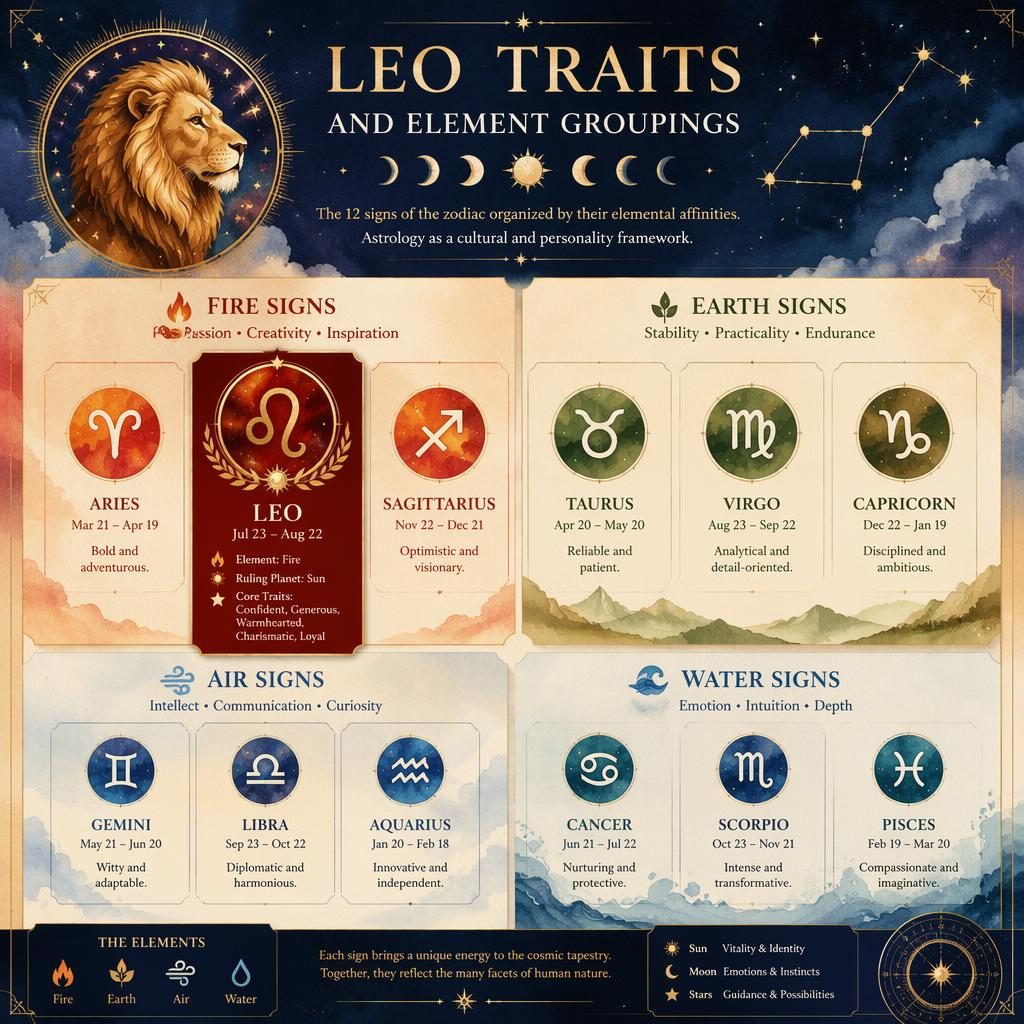 Celestial watercolor zodiac infographic showing all 12 signs by element, with Leo highlighted in the Fire group.