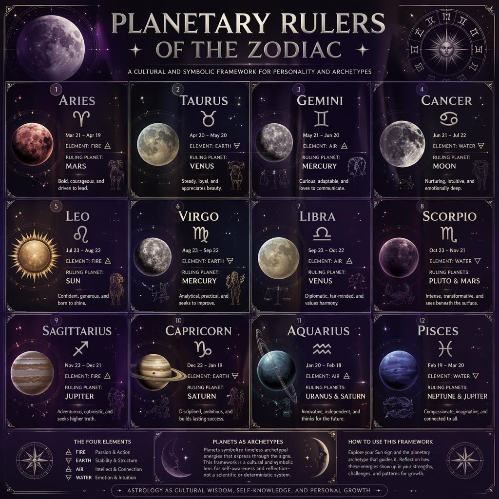 Celestial 12-sign zodiac grid infographic showing sign glyphs, dates, elements, and ruling planets in purple and silver.