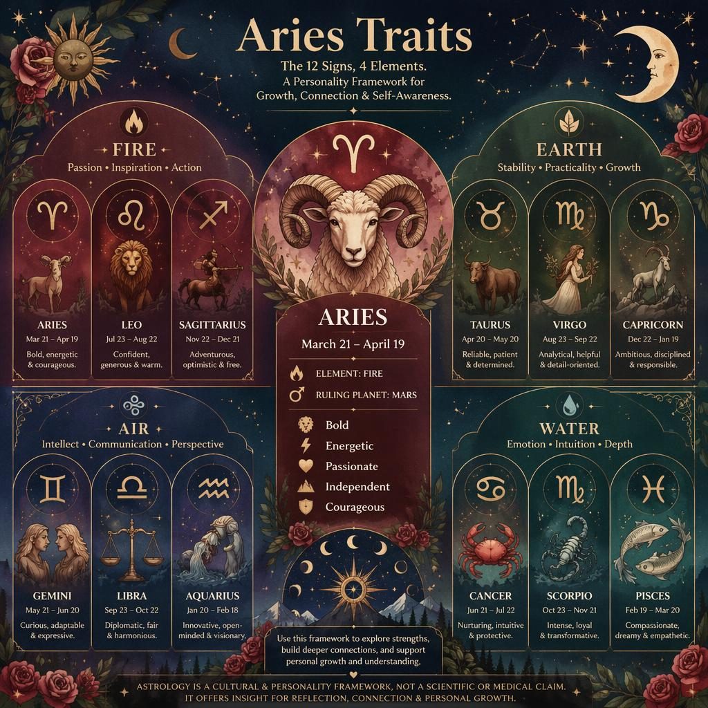 Watercolor zodiac infographic with Aries highlighted in Fire cluster, plus Earth, Air, Water groups and celestial motifs