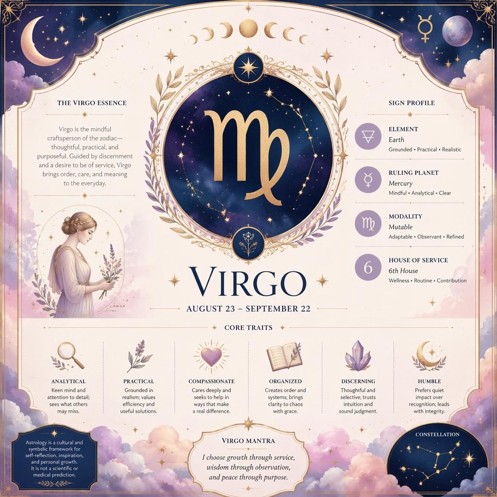 Infografía zodiacal Virgo en tonos pastel con glifo central, constelación, fases lunares, nubes y detalles celestiales.
