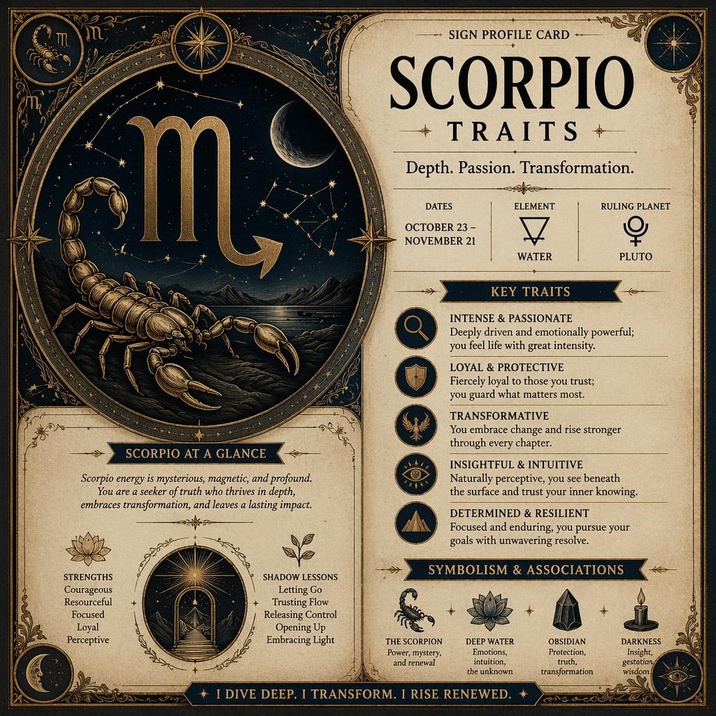 Infografía zodiacal estilo vintage con glifo de Scorpio, fechas, elemento, planeta regente y rasgos en inglés.