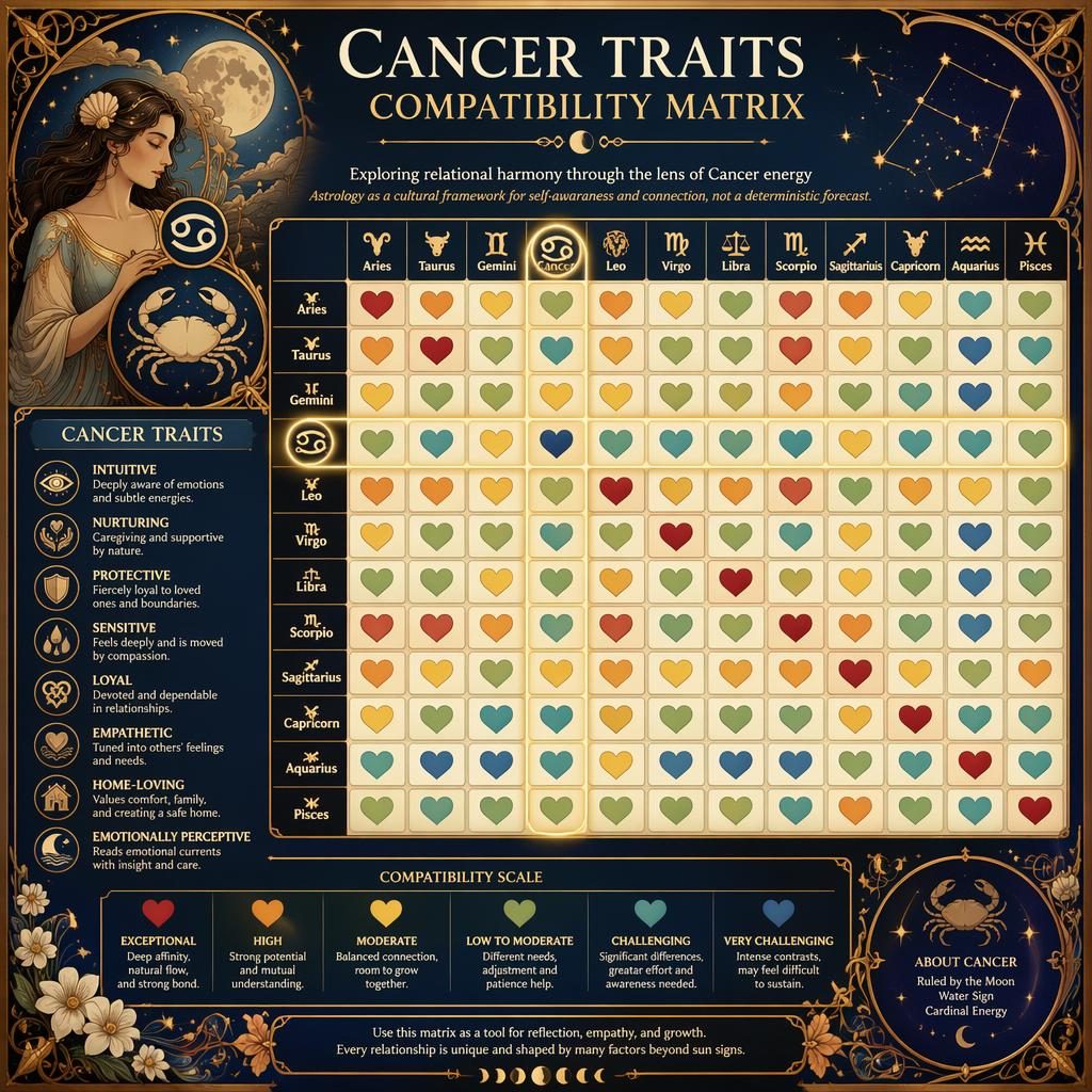 Infographie astrologique Art nouveau avec matrice 12x12 du Cancer, palette terre, bleu profond, or, lunes et constellations.