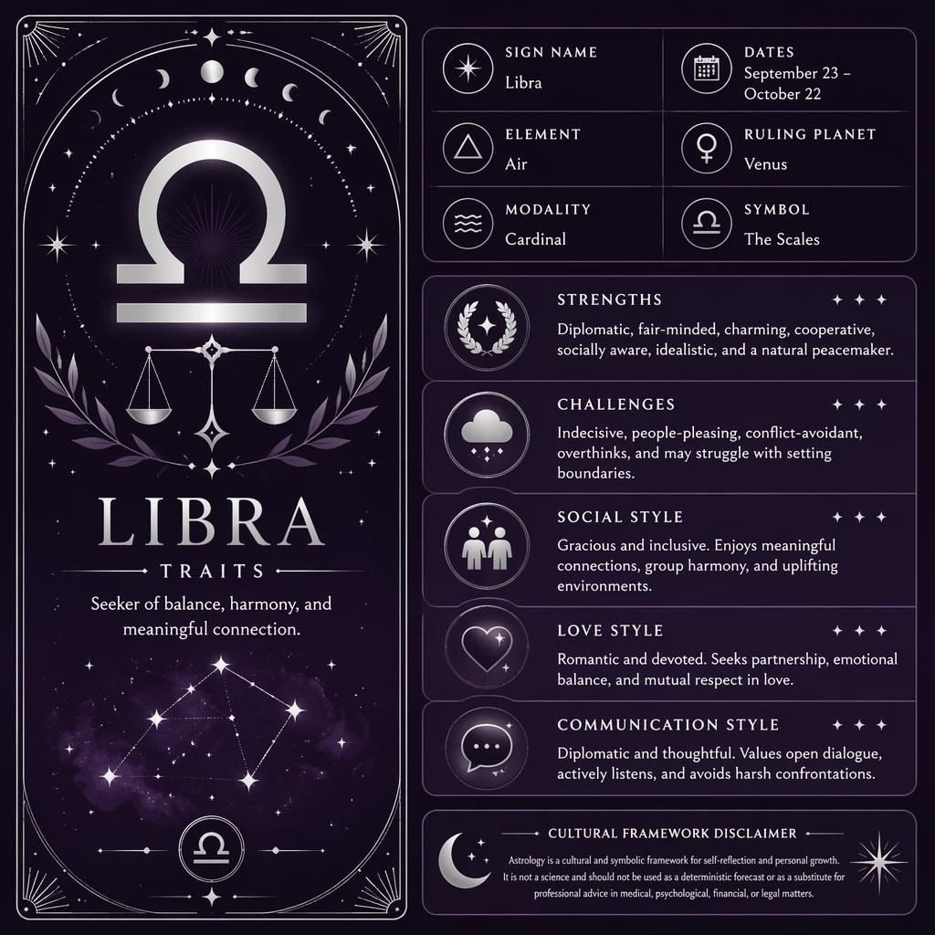 Infografía minimalista de Libra en morado profundo y plateado, con glifo central, paneles de rasgos y detalles celestiales.