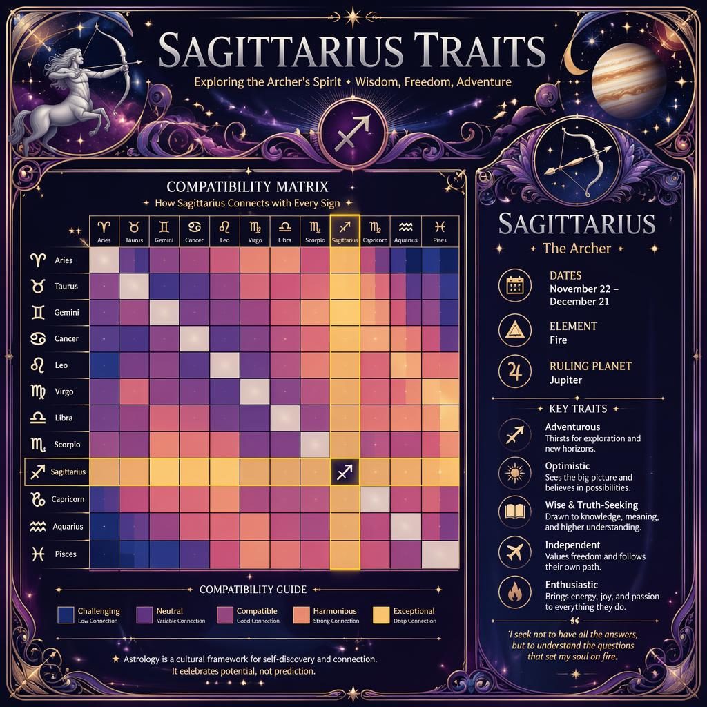 Art nouveau Sagittarius traits infographic with 12x12 zodiac compatibility matrix, celestial borders, and purple silver night-sky design.