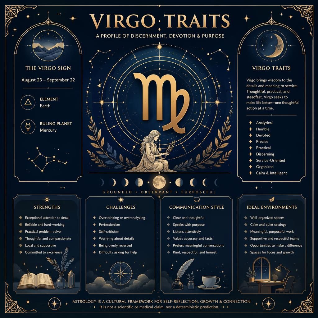 Virgo Traits zodiac infographic with Virgo glyph, moon phases, constellations, pastel midnight blue and gold panels.