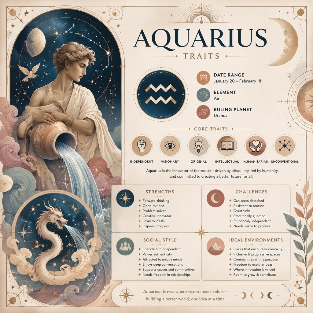Pastel Aquarius traits infographic with zodiac glyph, dates, element, planet, traits, star maps, moons, and gold celestial details.