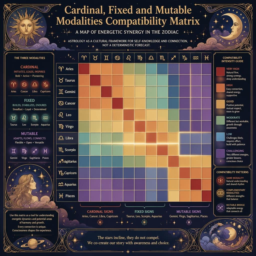 Infografía zodiacal art nouveau con matriz 12x12 de compatibilidad por modalidades, tonos pastel, azul profundo y dorado.