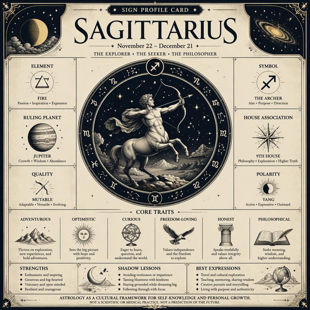 Vintage monochrome Sagittarius infographic card with central glyph, radial chart, constellation accents, and labeled traits.
