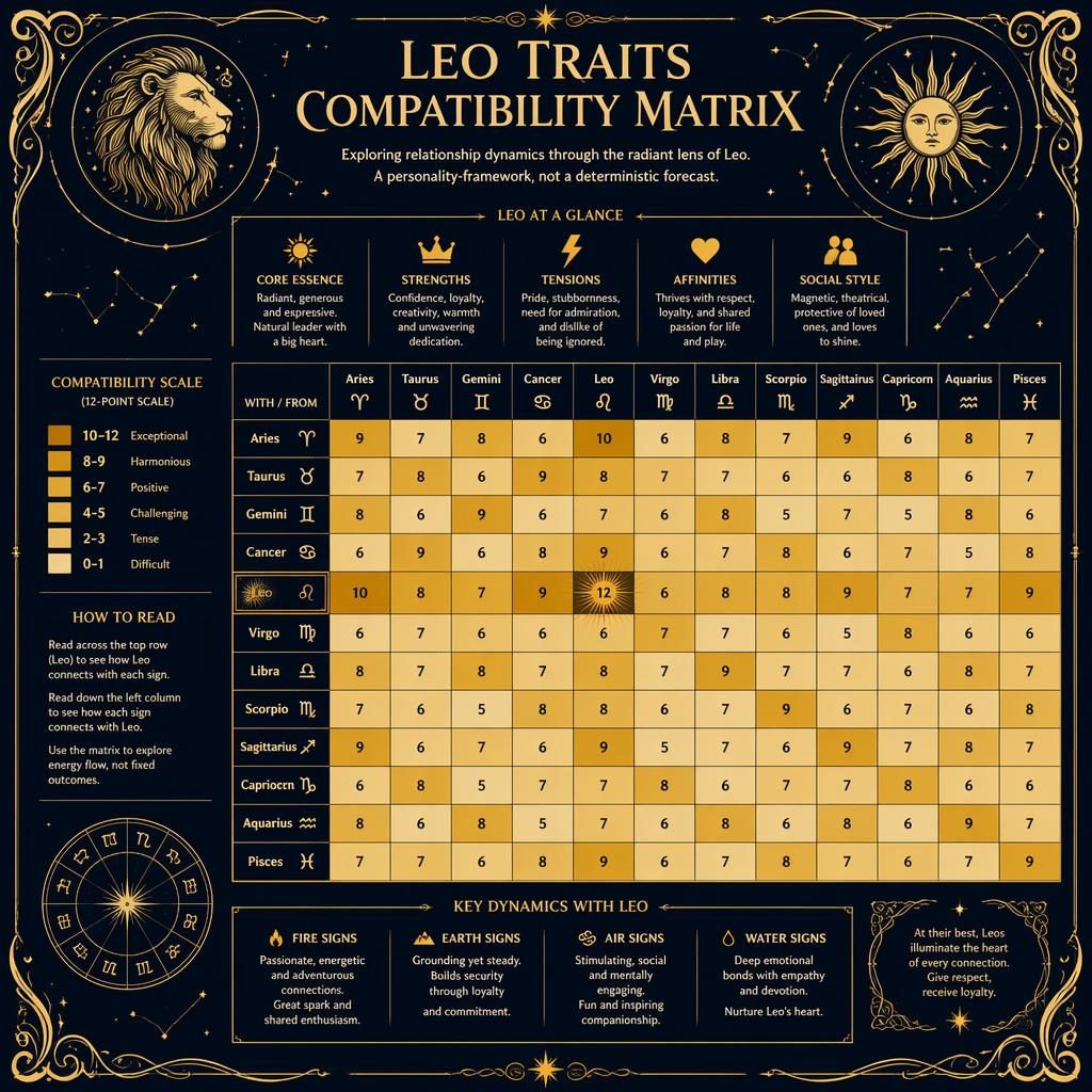 Art nouveau zodiac compatibility matrix infographic with Leo emphasis, 12 signs, celestial motifs, stars, legend, and monochrome gold-blue style.