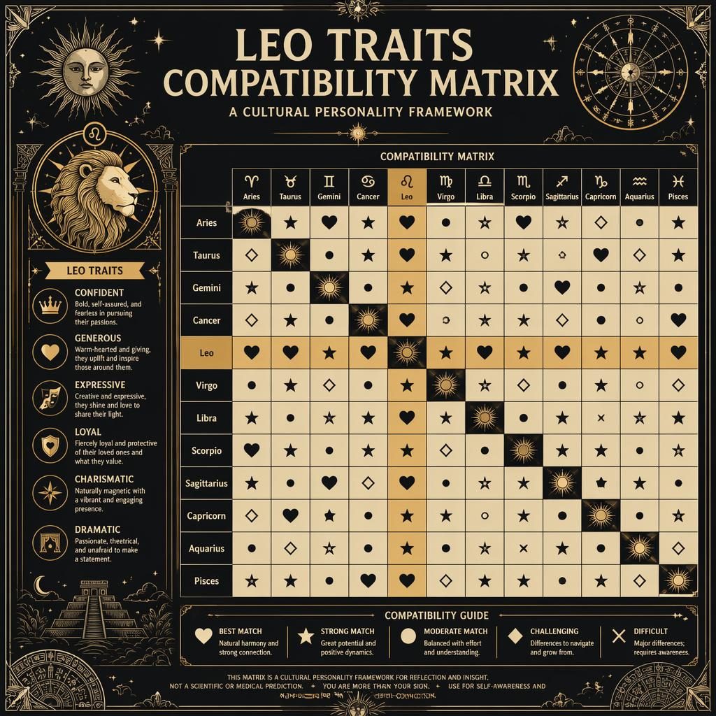 Art nouveau zodiac infographic heatmap for Leo with 12 sign labels, celestial borders, sun motifs, and mayan calendar birth chart geometry.