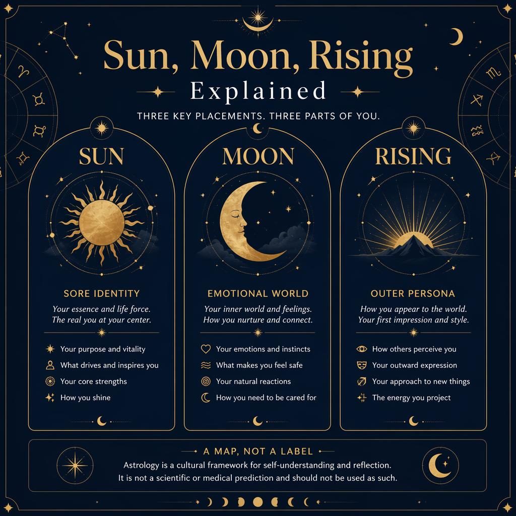 Midnight blue and gold zodiac infographic with three panels for Sun, Moon, and Rising, celestial icons, stars, and orbit lines.