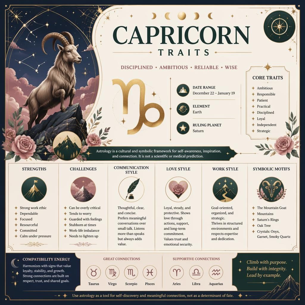 Pastel Capricorn traits infographic with glyph, dates, element, ruling planet, traits, strengths, love, work, and celestial motifs.