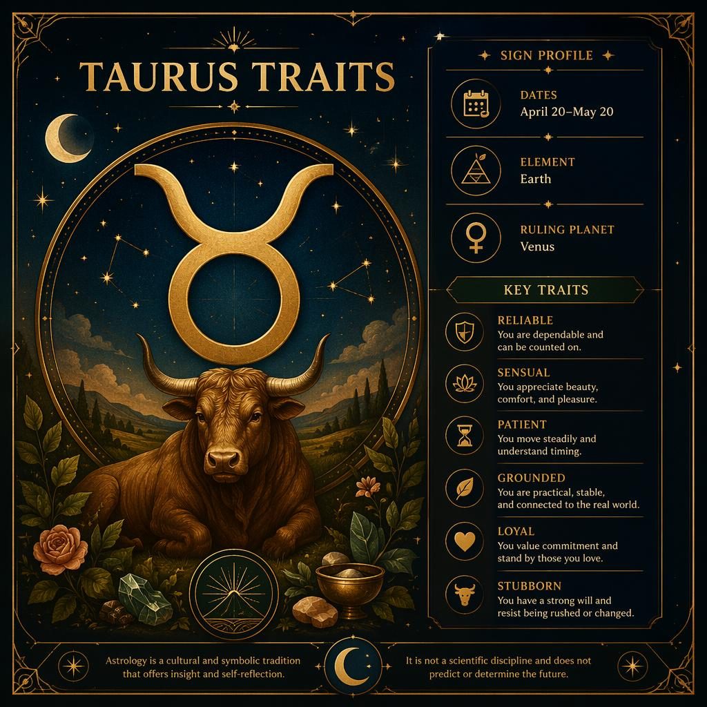 Taurus traits infographic with gold Taurus glyph, April 20–May 20 dates, Earth element, Venus, and celestial art deco details