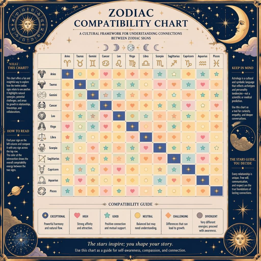 Pastel zodiac compatibility matrix infographic with 12 signs, heatmap grid, legend, stars, moons, constellations, and gold accents.