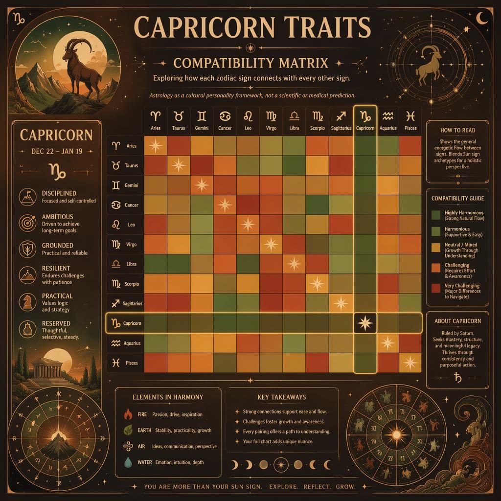 Art nouveau Capricorn traits infographic with zodiac compatibility heatmap, celestial motifs, and subtle trimshamsha chart cues.