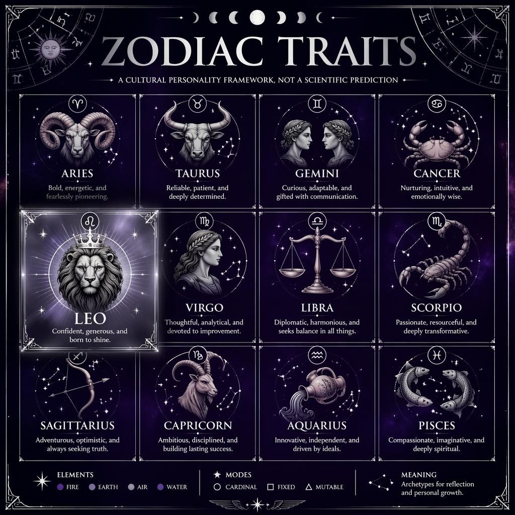 Celestial 3x4 zodiac infographic with Leo highlighted in silver, deep purple editorial grid, stars, moon phases, and traits.