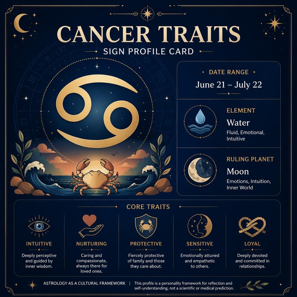Deep blue and gold Cancer traits infographic with glyph, June 21–July 22, Water, Moon, trait icons, and celestial motifs.