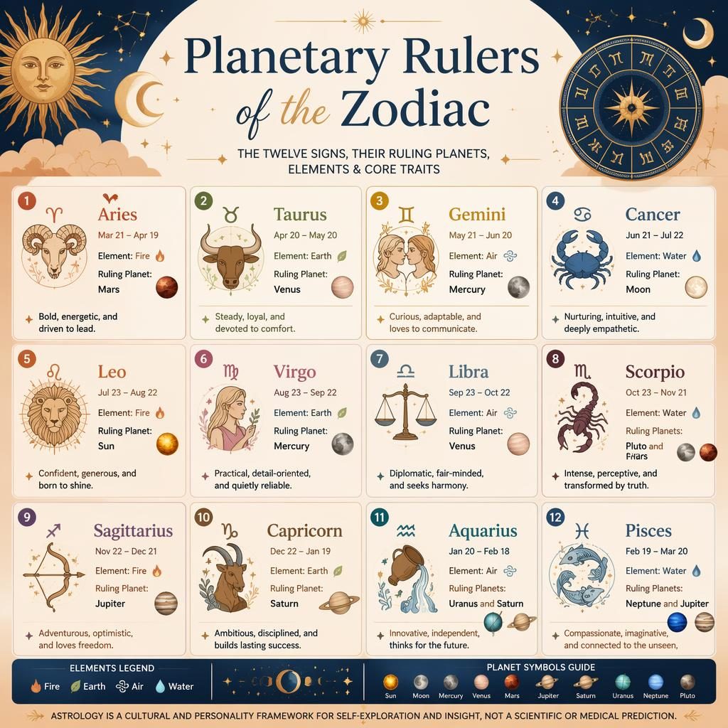 Pastel zodiac infographic chart with all 12 signs, ruling planets, traits, celestial symbols, orbit lines, stars, and gold accents.