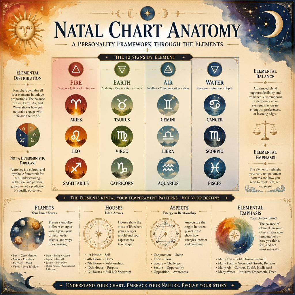 Watercolor zodiac infographic showing Fire, Earth, Air, and Water sections with the 12 signs, celestial motifs, and natal chart labels.