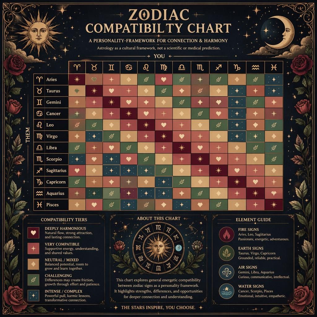 Vintage-style zodiac compatibility chart infographic with 12x12 heatmap, English sign labels, celestial motifs, and ornate borders.
