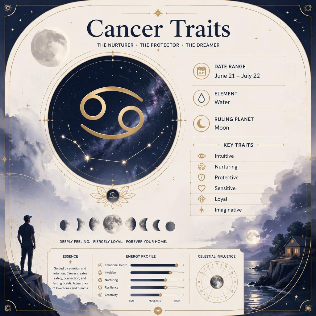 Cancer traits infographic with glyph, constellation, moon phases, stars, June 21–July 22, Water, Moon, and key traits.