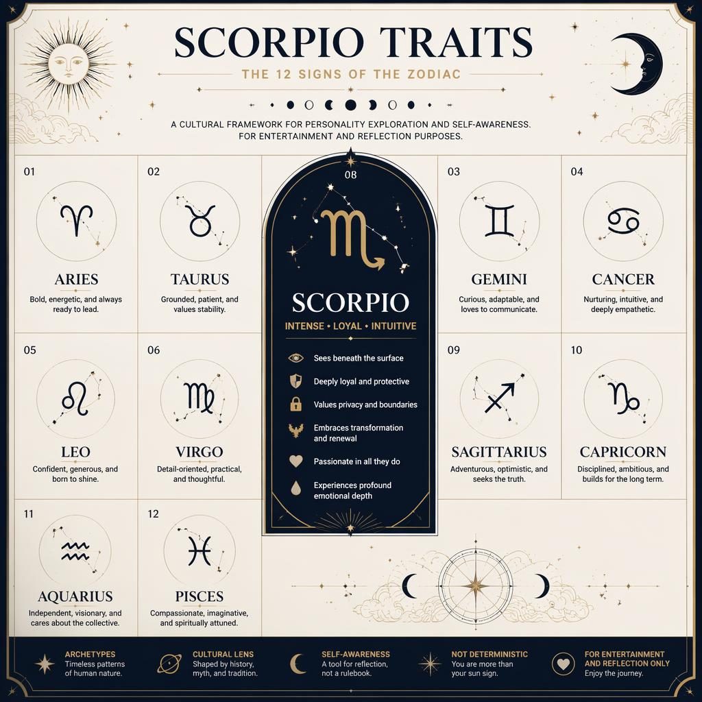 Editorial zodiac infographic grid with all 12 signs, Scorpio emphasized, monochrome design with deep blue and gold celestial accents.