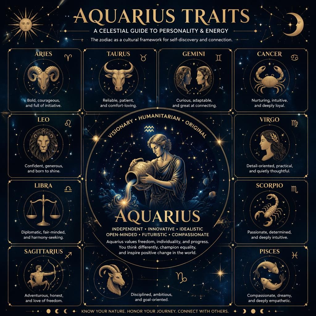 Celestial zodiac infographic grid with all 12 signs on midnight blue and gold, highlighting Aquarius traits with icons and star motifs.