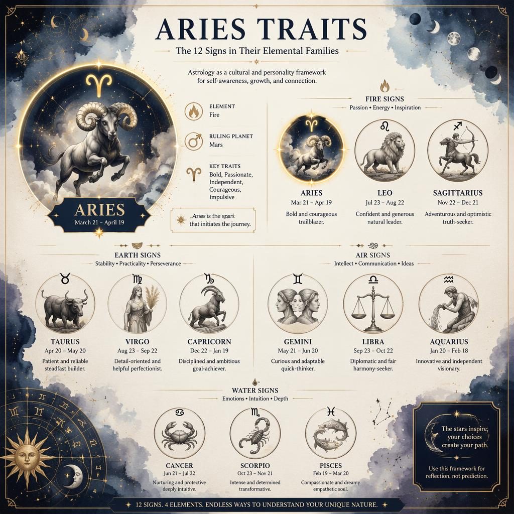 Mystical zodiac infographic showing 12 signs by element, with Aries highlighted in the Fire group using ram symbols and blue-gold accents.