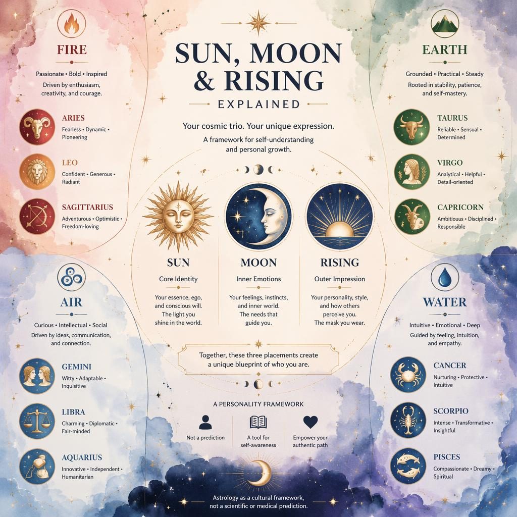 Infografía zodiacal en acuarela pastel con Sol, Luna y Ascendente y los 12 signos agrupados por fuego, tierra, aire y agua.