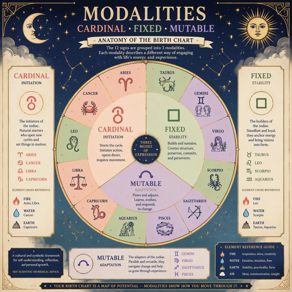 Vintage astrology infographic wheel showing Cardinal, Fixed, and Mutable signs with labels, constellations, ornate borders, and pastel celestial details.