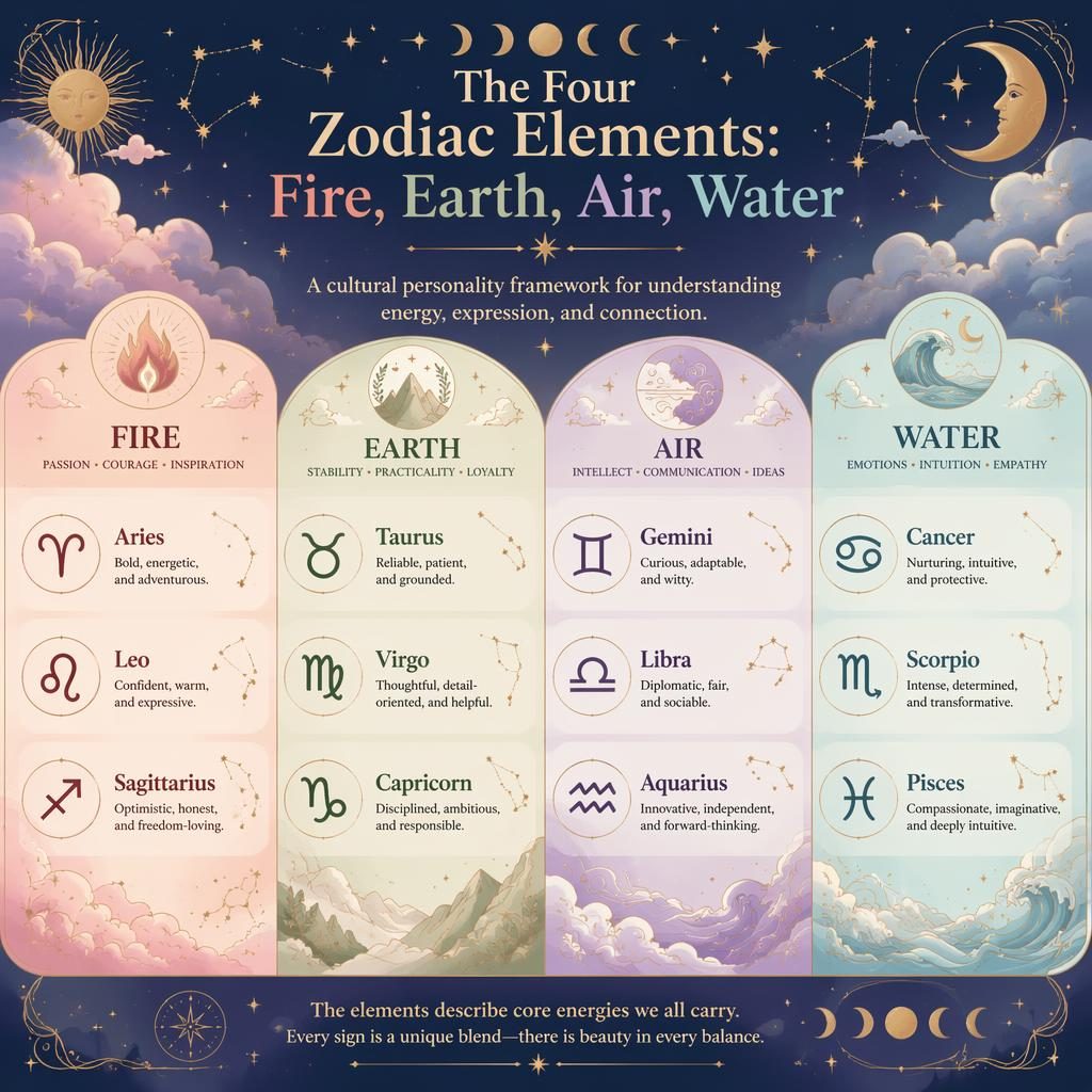 Pastel celestial zodiac infographic showing 12 signs grouped by Fire, Earth, Air, and Water with glyphs and traits.