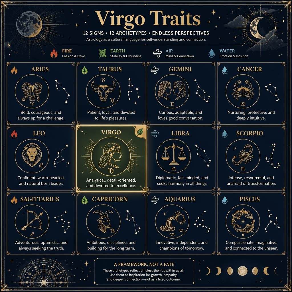 Infografía zodiacal en cuadrícula de 12 signos con Virgo destacado, iconos celestiales, constelaciones y paleta tierra, azul y dorado.