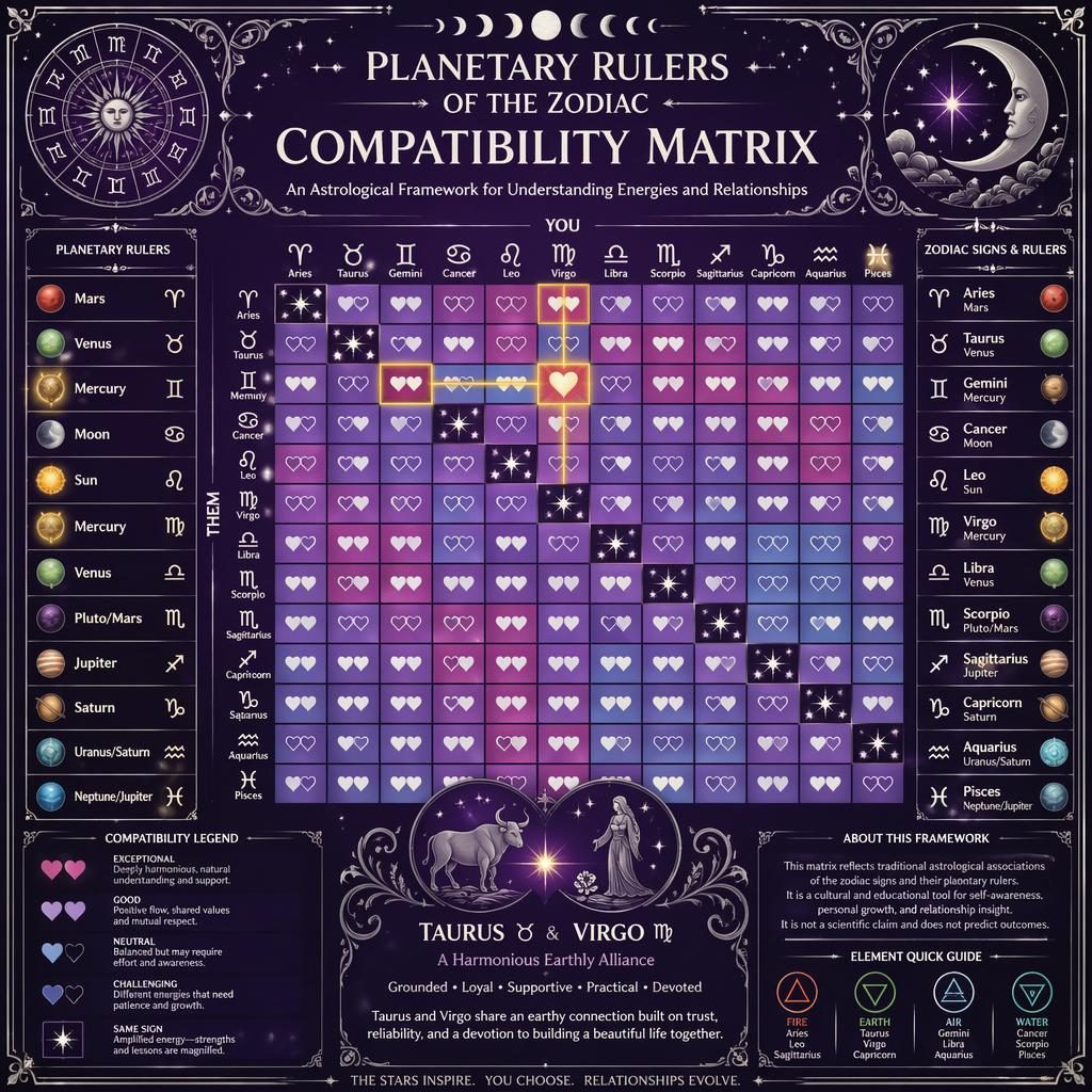 Infografía zodiacal art nouveau con matriz 12x12, regentes planetarios y foco visual en tauro con virgo en morado y plata.